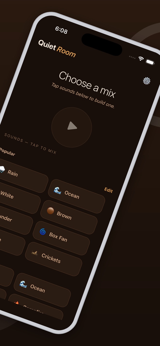 The Choose a Mix screen showing categorized ambient sound tiles like Rain, White, Thunder, and Box Fan