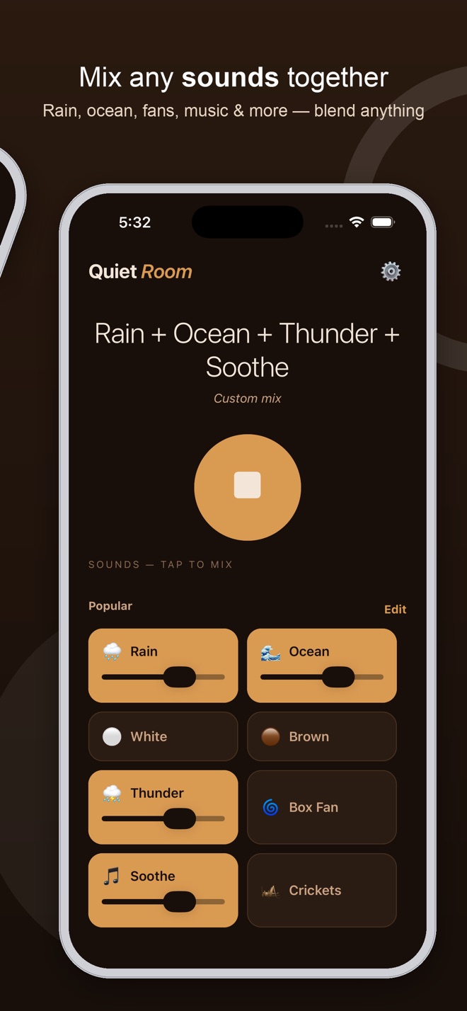 Mix any sounds together screen showing a Rain plus Ocean plus Thunder plus Soothe custom mix playing with independent volume sliders