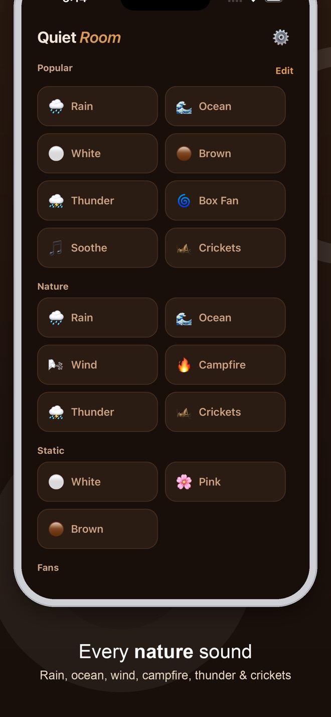 Every nature sound screen listing Rain, Ocean, Wind, Campfire, Thunder, Night, and the White, Pink, Brown noise options