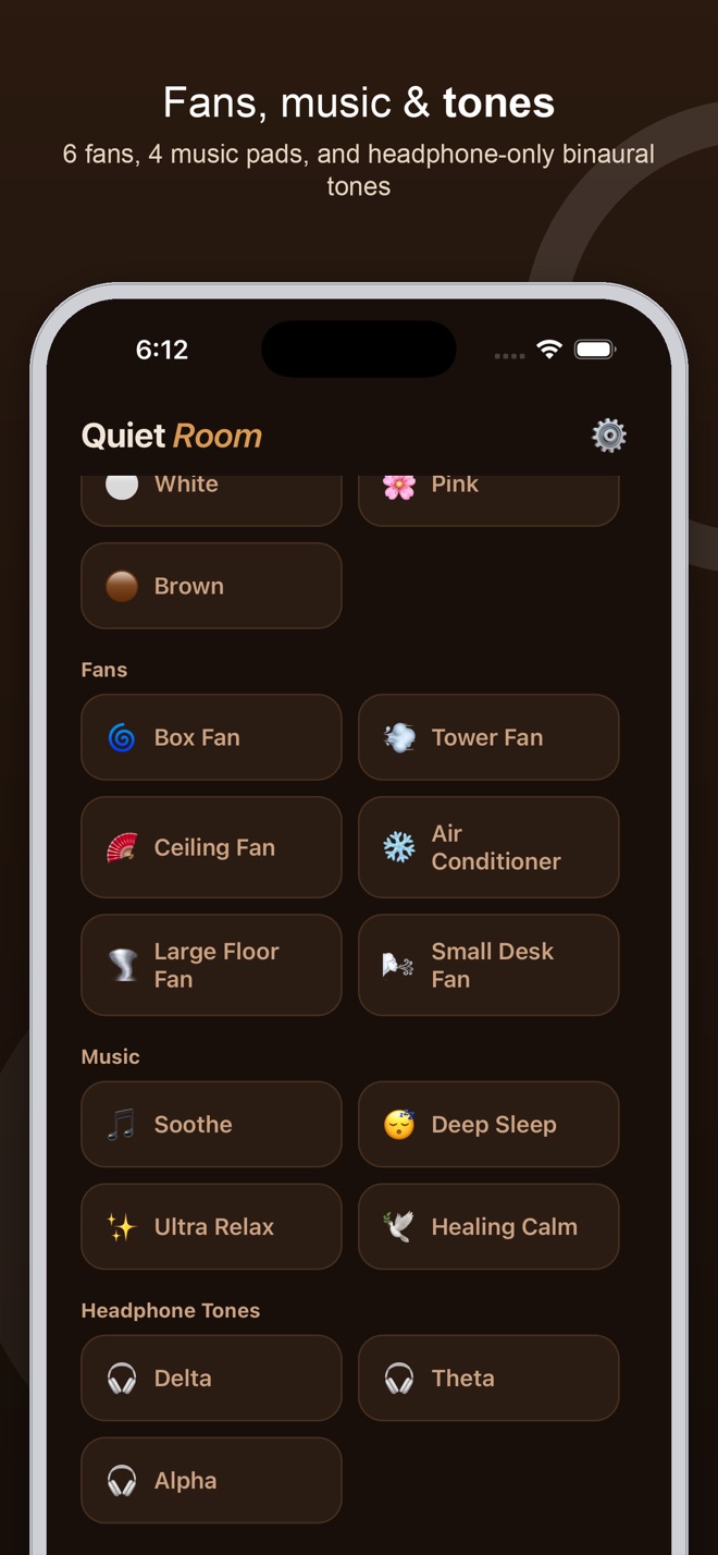 Fans, music and tones screen listing all 6 fans, 4 music pads, and the headphone-only binaural tones