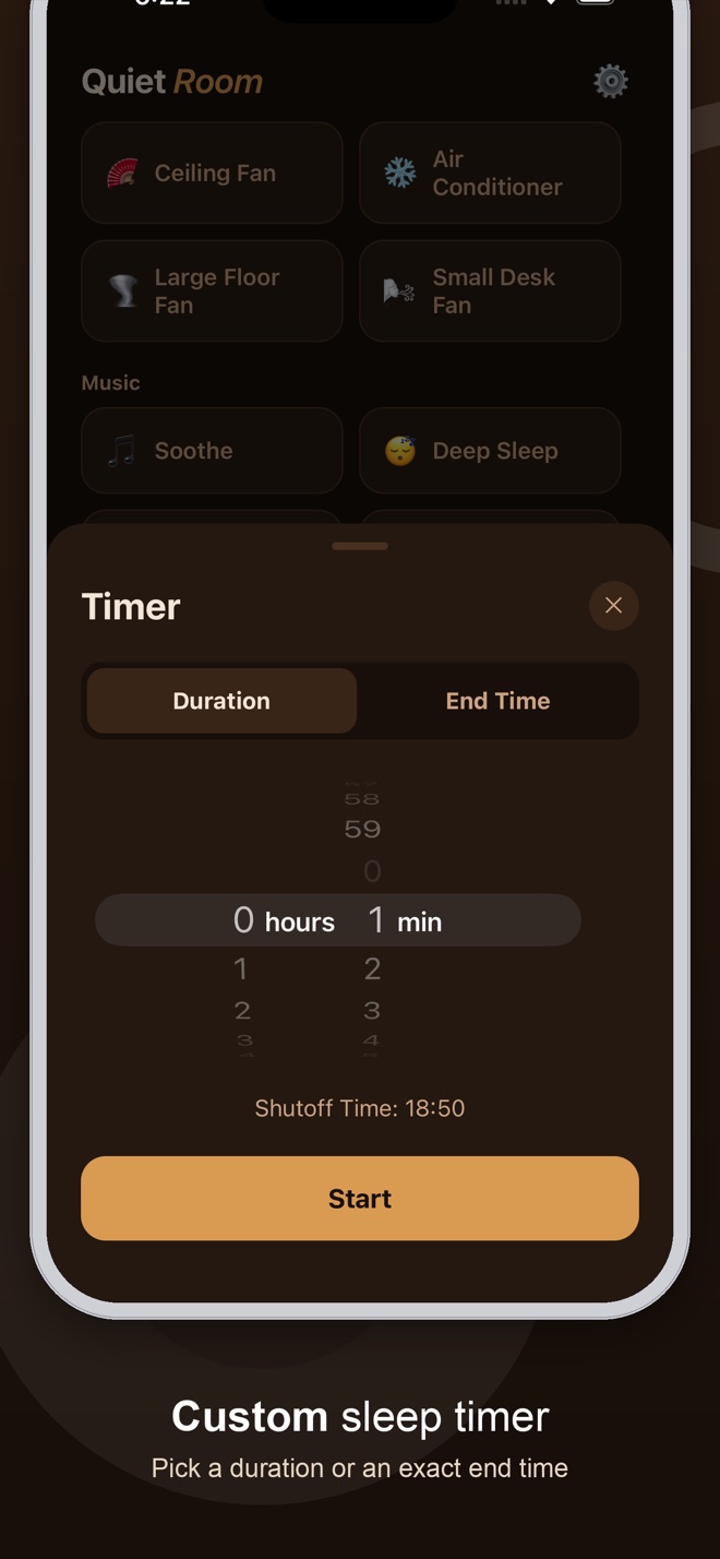 Custom sleep timer sheet set to 1 hour, with Duration and End Time tabs