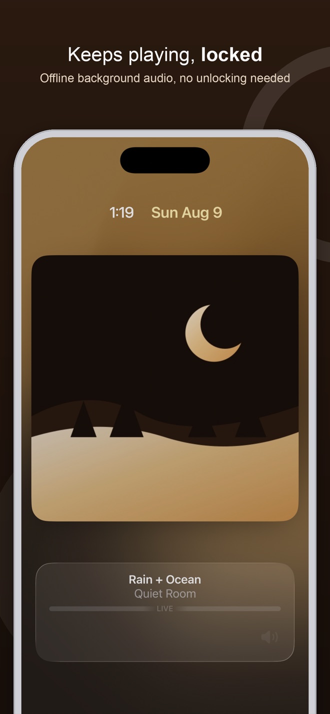 iPhone lock screen showing Quiet Room's Now Playing widget with artwork for a Rain plus Ocean mix