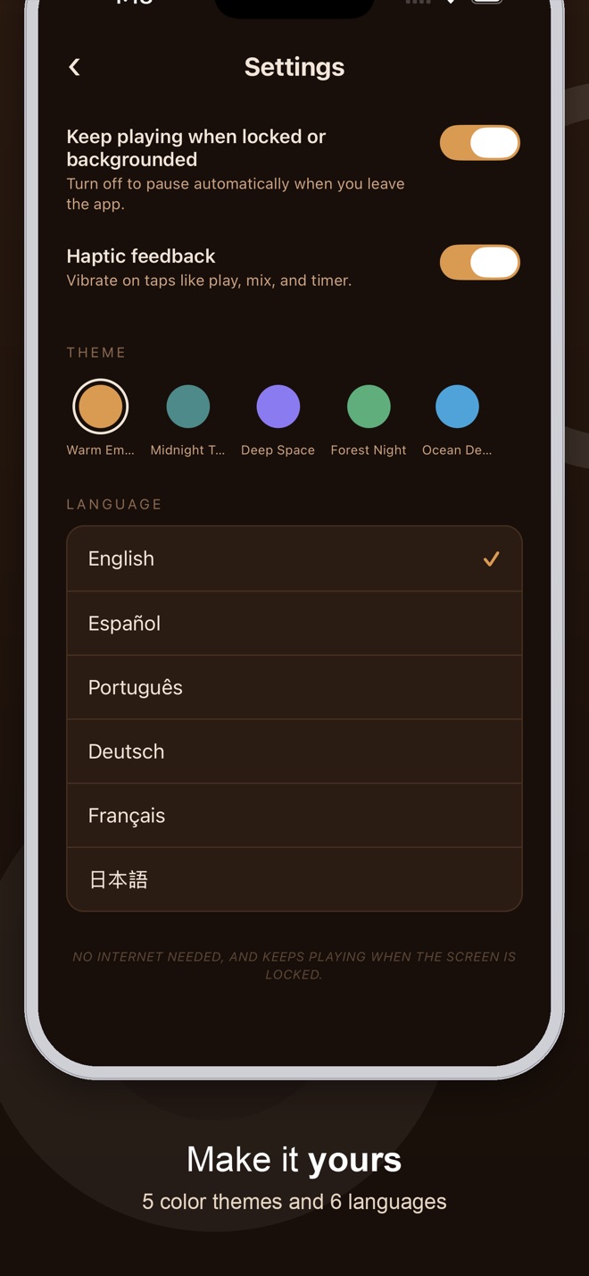 Settings screen showing 5 color theme swatches and a list of 6 supported languages