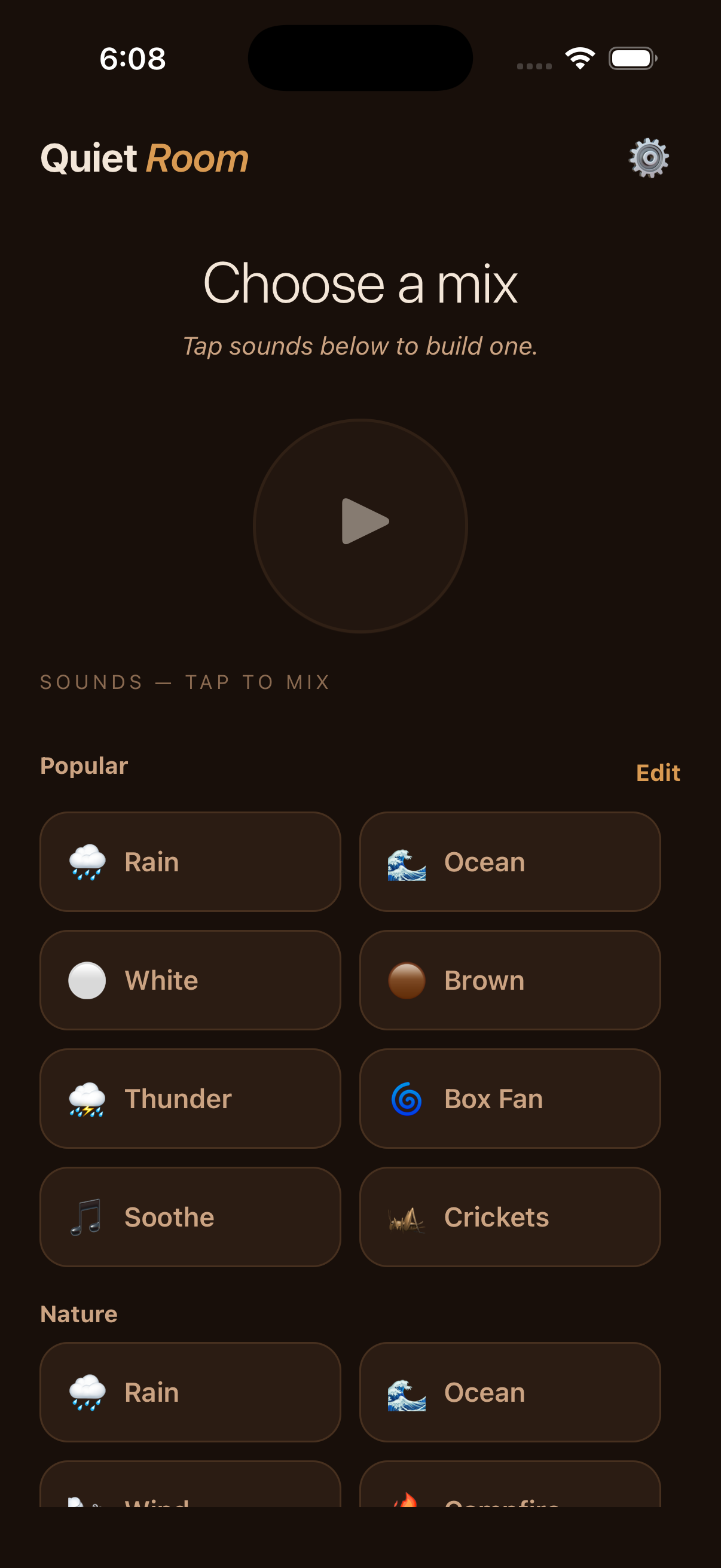 Quiet Room's Choose a Mix screen showing categorized ambient sound tiles